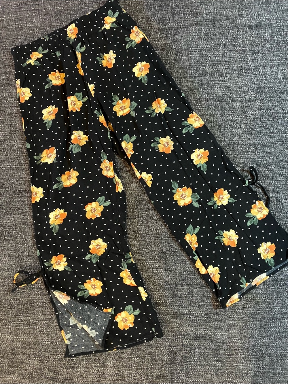 Black Floral Wide-Leg Tie Pants with Yellow-Orange flowers